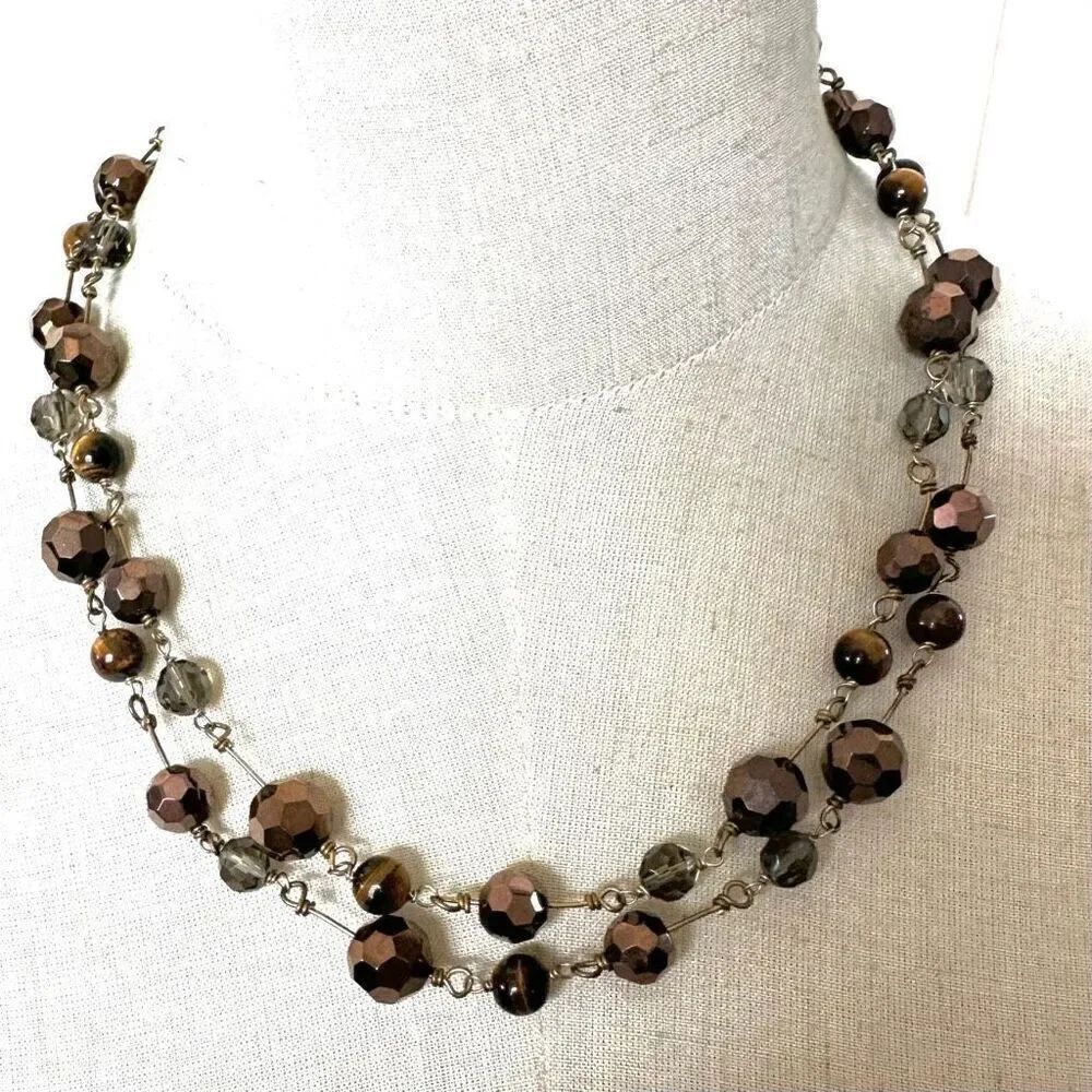 Cookie Lee Gold Tone and Brown tiger eye Glass Beaded long Necklace